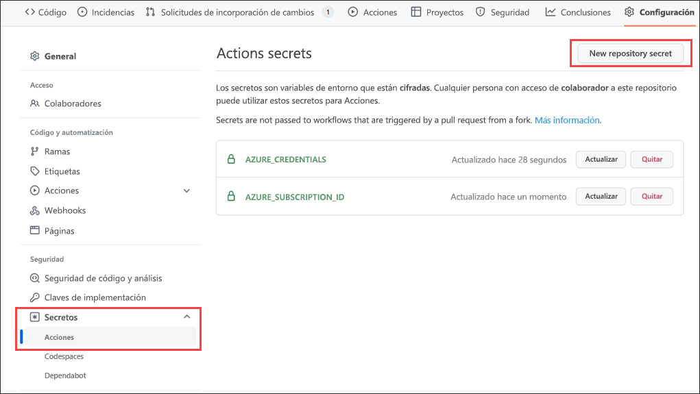 Captura de pantalla de la interfaz del portal de GitHub para crear un secreto.