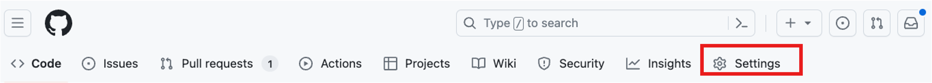 Captura de pantalla de la parte superior de la página principal de un repositorio con la sección Configuración resaltada.