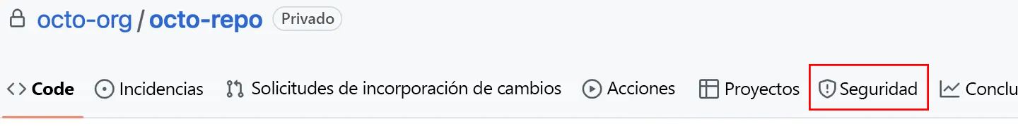 Captura de pantalla que muestra dónde buscar la pestaña Seguridad en GitHub.