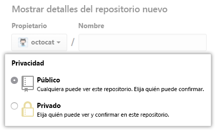 Captura de pantalla de las nuevas opciones públicas o privadas del repositorio.