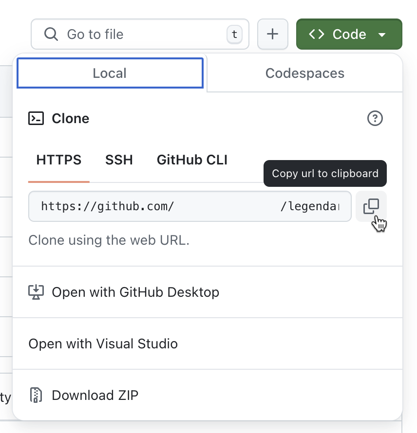 Captura de pantalla de la opción en GitHub para copiar la dirección URL del repositorio.