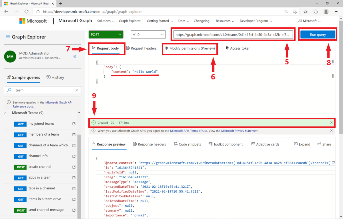 Captura de pantalla que muestra el resultado de la solicitud de publicación en Microsoft Graph Explorer.