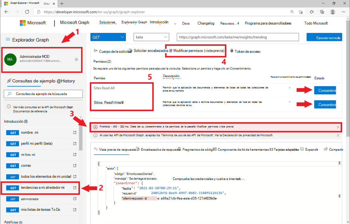 Captura de pantalla que muestra cómo probar las consultas con su propia cuenta en el Explorador de gráficos
