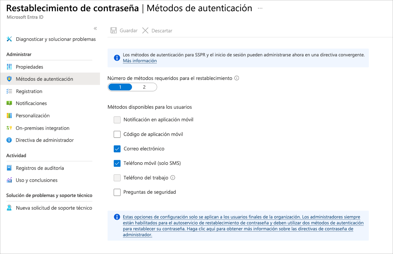 Captura de pantalla de la opción Métodos de autenticación del panel Restablecimiento de contraseña seleccionada en la que se muestra el panel con opciones de autenticación.