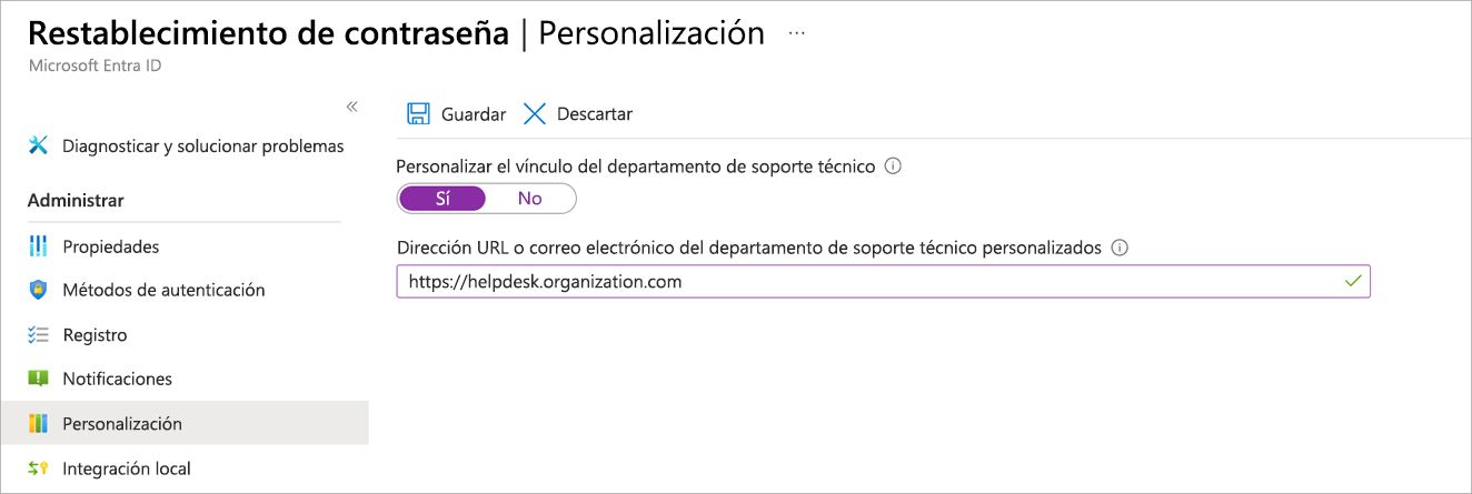 Captura de pantalla de la opción Personalización del panel Restablecimiento de contraseña seleccionada en la que se muestra el panel con opciones de soporte técnico.
