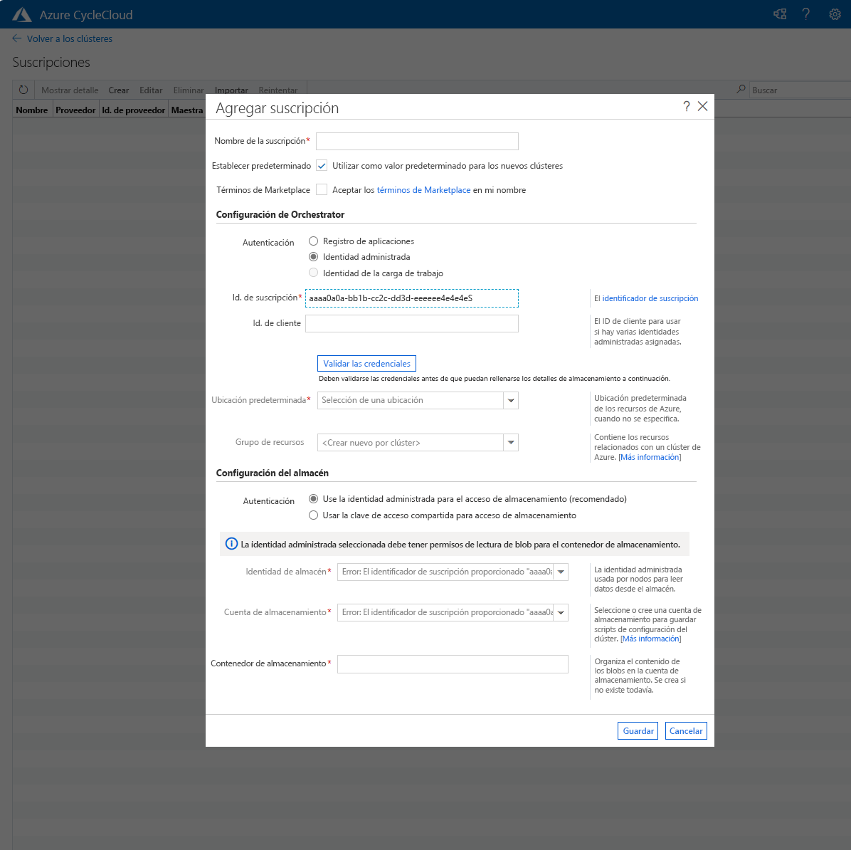 Captura de pantalla que muestra la ventana emergente Add Subscription (Agregar suscripción) delante de la aplicación web Azure&nbsp;CycleCloud.