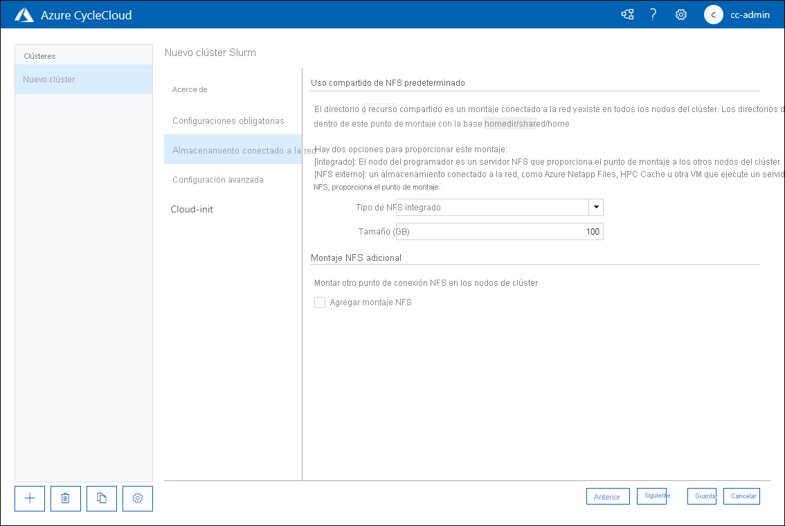 Captura de pantalla que muestra la pestaña Almacenamiento conectado a la red de la página Nuevo clúster de Slurm de la aplicación web Azure CycleCloud.