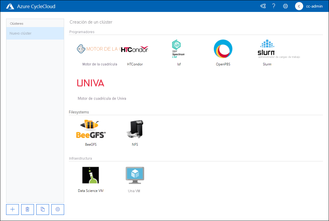 Captura de pantalla que muestra la página Crear un nuevo clúster de la aplicación web Azure CycleCloud.