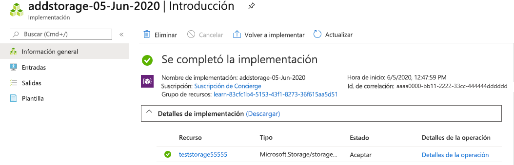 Captura de pantalla de la interfaz de Azure Portal para la implementación específica con un recurso enumerado.