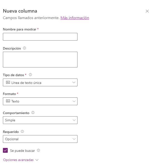 Captura de pantalla de las propiedades de columna en el cuadro de diálogo Crear columna