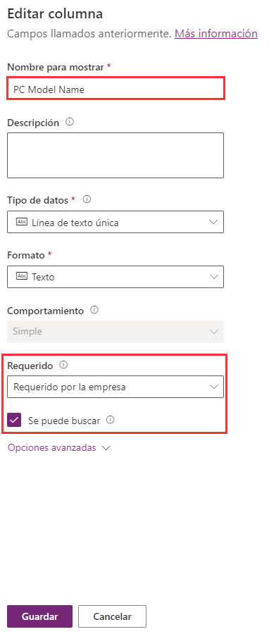 Captura de pantalla del Nombre para mostrar como Nombre de modelo de PC.