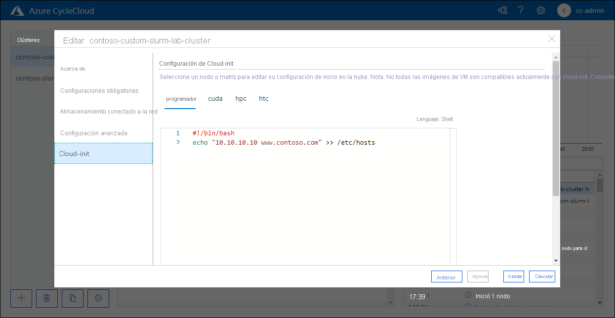 Recorte de pantalla de la pestaña Cloud-init de la ventana emergente Editar contoso-custom-slurm-lab-cluster de la aplicación web de Azure CycleCloud.