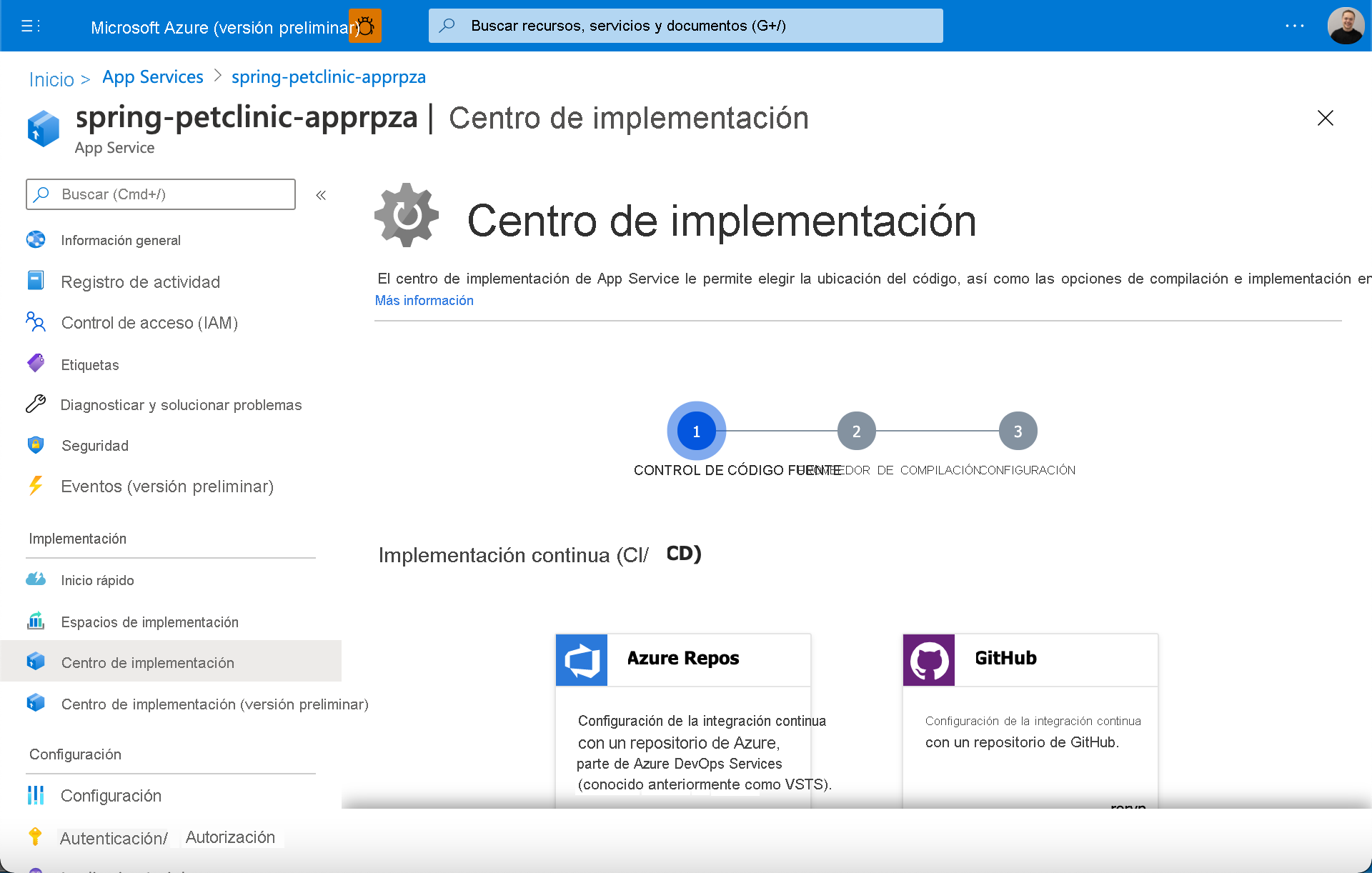 Captura de pantalla del Centro de implementación de Azure App Service.