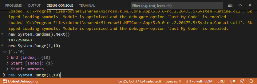 Captura de pantalla de la consola de depuración de Visual Studio Code.