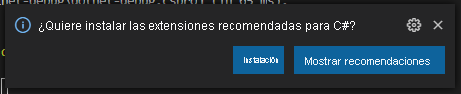 Recorte de pantalla del símbolo del sistema de Visual Studio Code para instalar la extensión de C#.