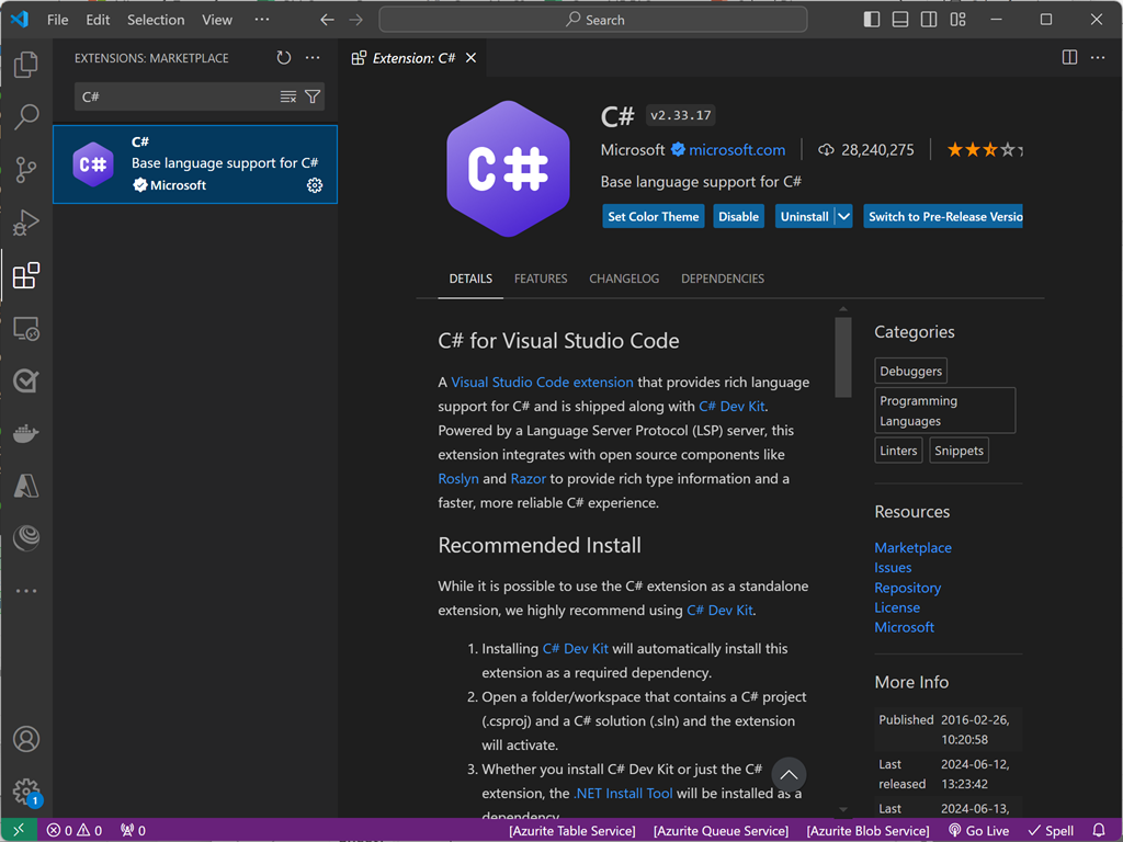 Recorte de pantalla del símbolo del sistema de Visual Studio Code para agregar recursos necesarios para compilar y depurar el proyecto de .NET.