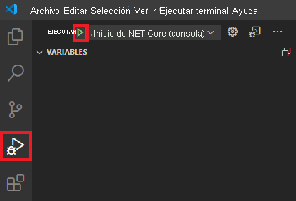 Captura de pantalla del botón Iniciar depuración en Visual&nbsp;Studio Code.