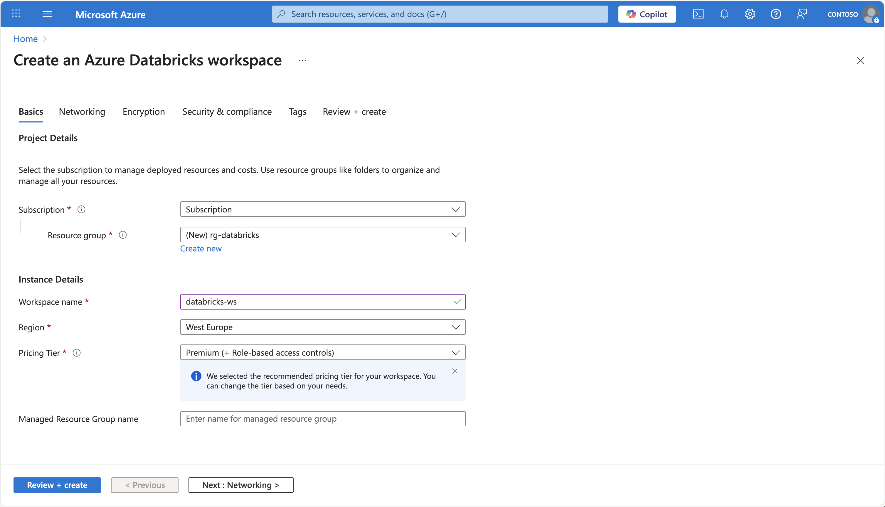Captura de pantalla de Azure Databricks en Azure Portal.