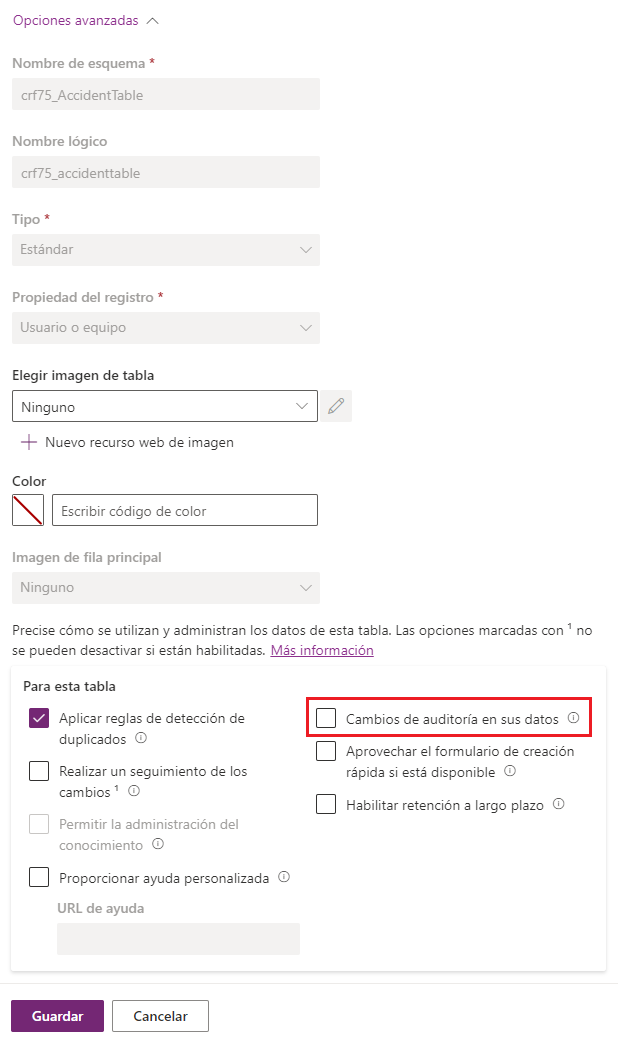 Captura de pantalla del panel Editar propiedades de la tabla, con las opciones avanzadas y la opción Cambios de auditoría en sus datos resaltada