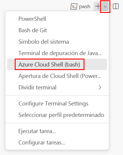 Recorte de pantalla de la ventana de terminal de Visual Studio Code, con la lista desplegable del shell del terminal visible y Git Bash Default seleccionado.
