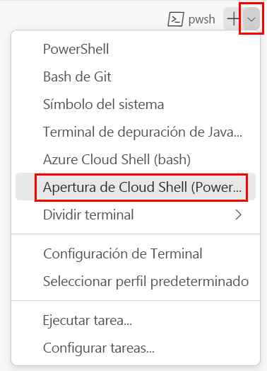 Captura de pantalla de la ventana del terminal de Visual Studio Code, con la lista desplegable del shell de terminal que se muestra y PowerShell seleccionada.