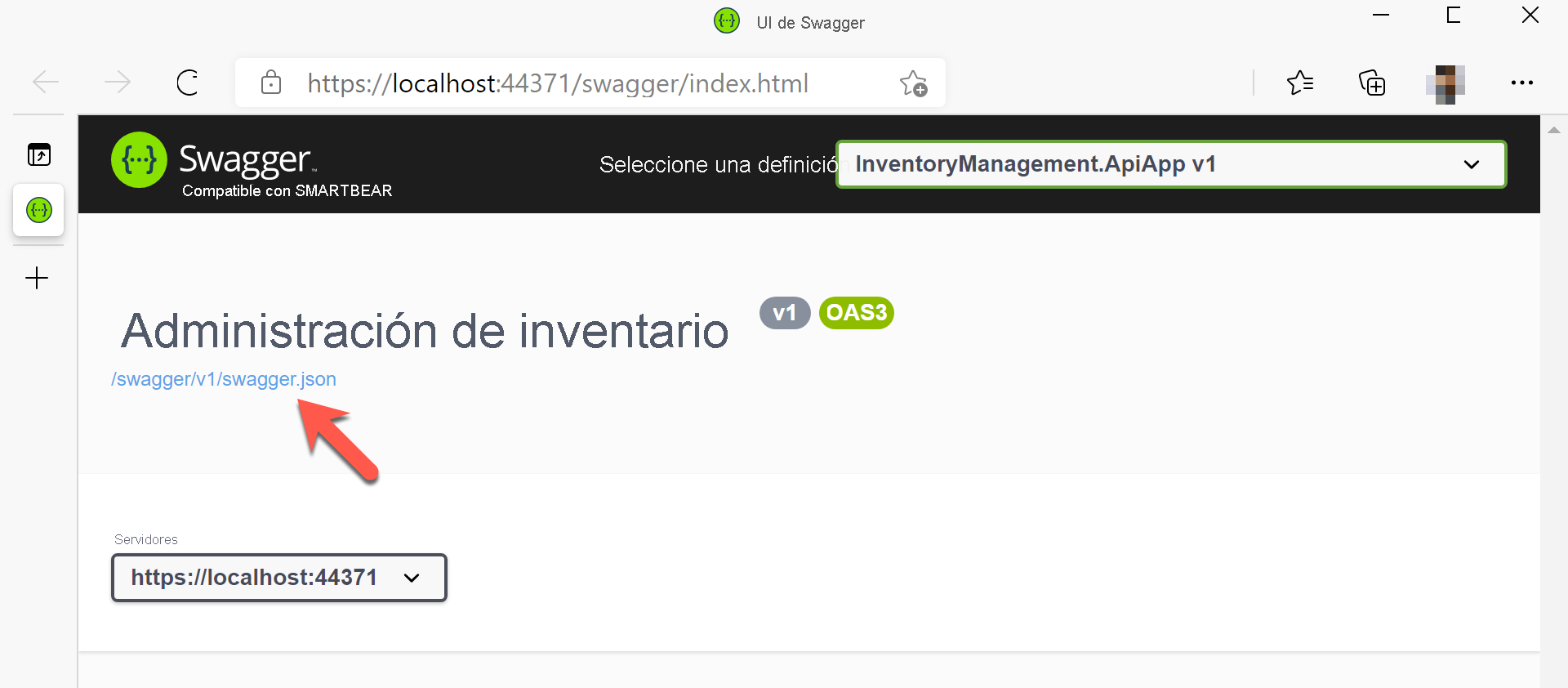 Página de la interfaz de usuario de Swagger para OpenAPI.