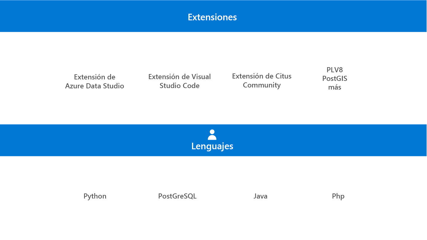Captura de pantalla que muestra las extensiones y los lenguajes de PostgreSQL.
