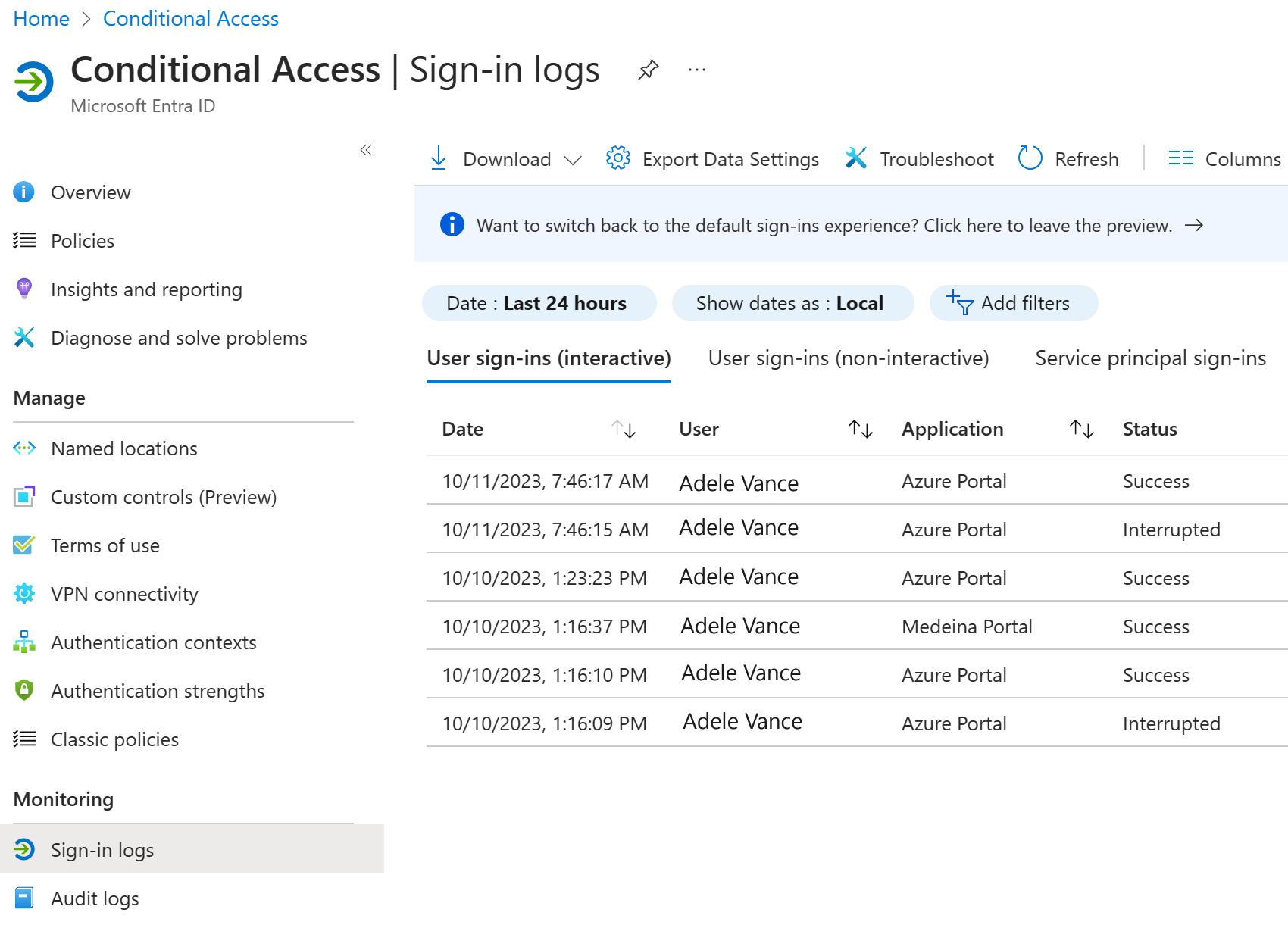 Captura de pantalla de la pantalla con mensaje de error. El usuario está seleccionando el filtro de acceso condicional en el registro de inicios de sesión.