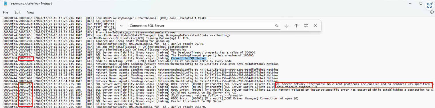 Captura de pantalla del registro de clúster que muestra la conexión a SQL y el threadID.