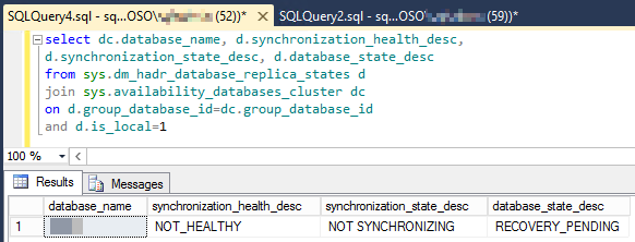 Captura de pantalla del resultado de ejecución del script para comprobar el estado de la base de datos y el estado de sincronización.