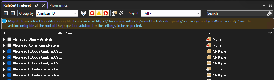 Captura de pantalla que muestra un archivo de conjunto de reglas abierto en el editor del conjunto de reglas.