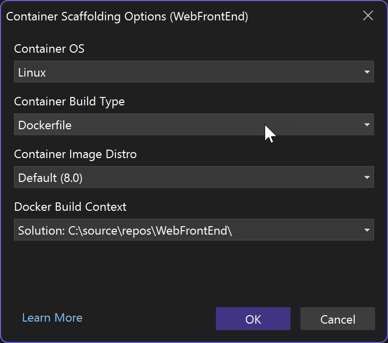 Recorte de pantalla que muestra el cuadro de diálogo Opciones de estructura de contenedor para el proyecto WebFrontEnd.