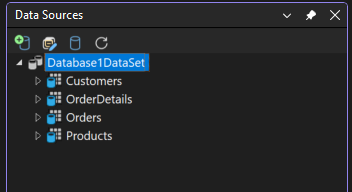 Captura de pantalla de la ventana Orígenes de datos, rellenada con objetos de base de datos.