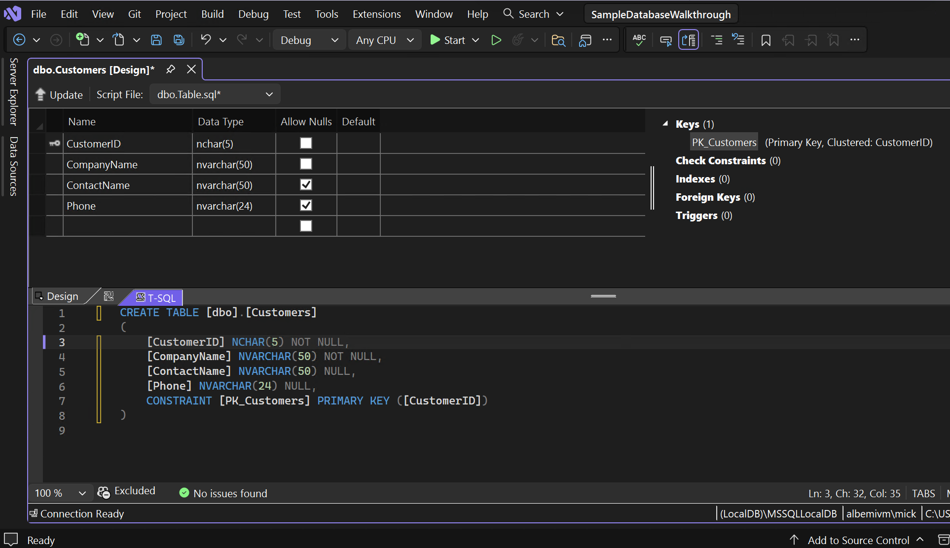 Captura de pantalla que muestra el Diseñador de tablas.