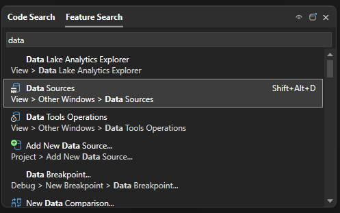 Captura de pantalla de orígenes de datos en el cuadro de búsqueda.