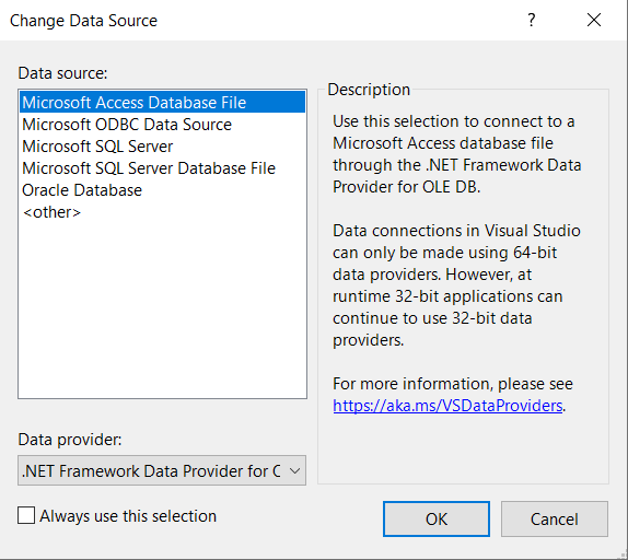 captura de pantalla del cuadro de diálogo Elegir origen de datos