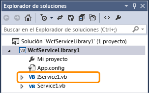 Captura de pantalla que muestra el archivo IService1 en el Explorador de soluciones.
