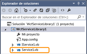 Captura de pantalla que muestra el archivo Service1 en el Explorador de soluciones.