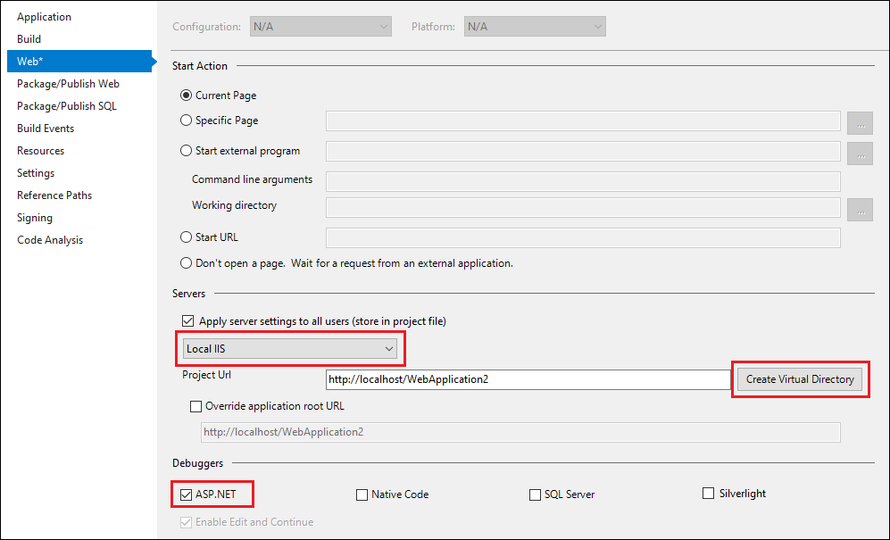 Captura de pantalla que muestra la configuración del depurador de ASP.NET.