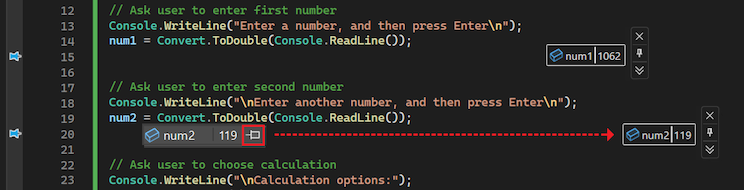 Captura de pantalla en la que se muestra cómo anclar una recomendación sobre datos y moverla a cualquier ubicación de la superficie del editor de código.