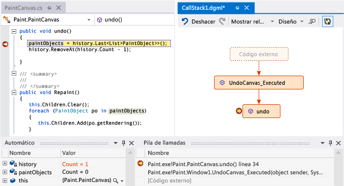 Consulte la pila de llamadas en el mapa de código DebuggerMap_SeeUndoCallStack