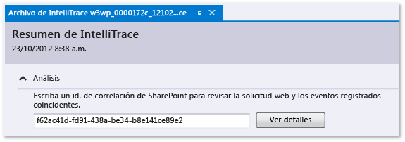 Registro de IntelliTrace: escriba el identificador de correlación de SharePoint