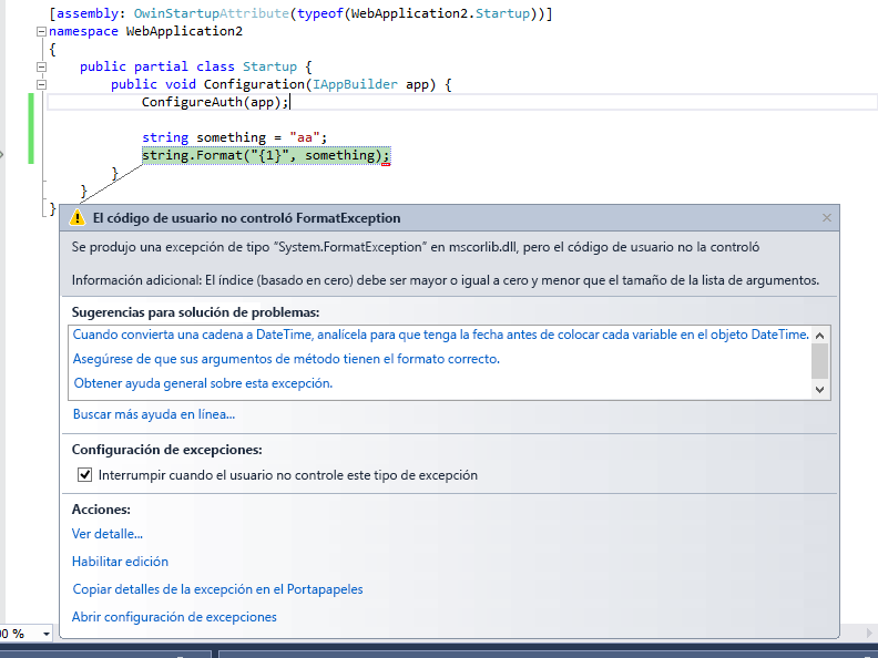 Se detiene en la excepción no manejada por el usuario