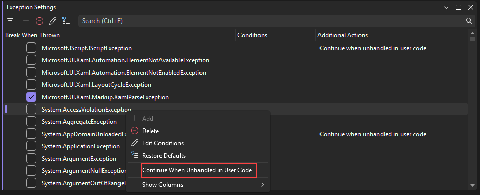 Captura de pantalla de la opción Continuar cuando no se controla en código de usuario.