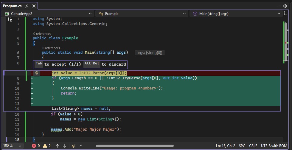 Captura de pantalla de la corrección sugerida por Copilot.