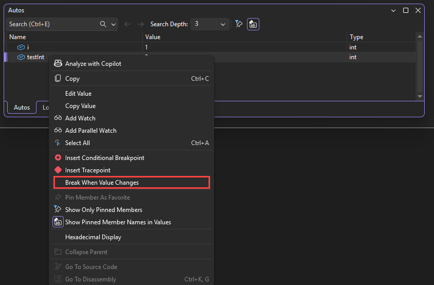 Captura de pantalla que muestra el comando Interrumpir cuando cambia el valor.