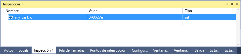 Captura de pantalla de la ventana de Inspección de Visual Studio con una línea seleccionada que muestra my_var1.c con un valor de 101 
