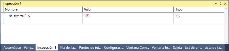 Captura de pantalla de la Ventana de Inspección de Visual Studio con una línea que muestra my_var1, d con un valor de 101 y un tipo de 'int'.