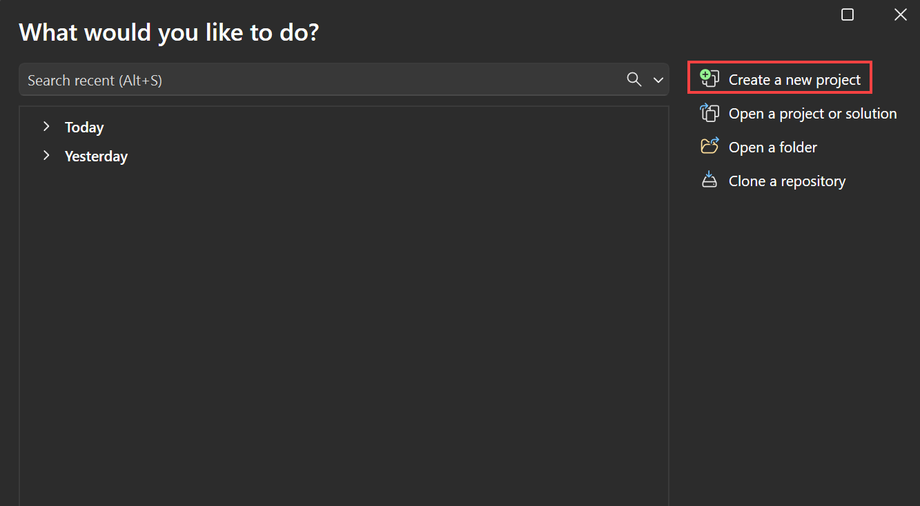 Captura de pantalla que muestra la ventana Crear un nuevo proyecto.