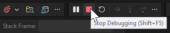 Captura de pantalla en la que se muestra la barra de herramientas de depuración, donde puede detener la aplicación.